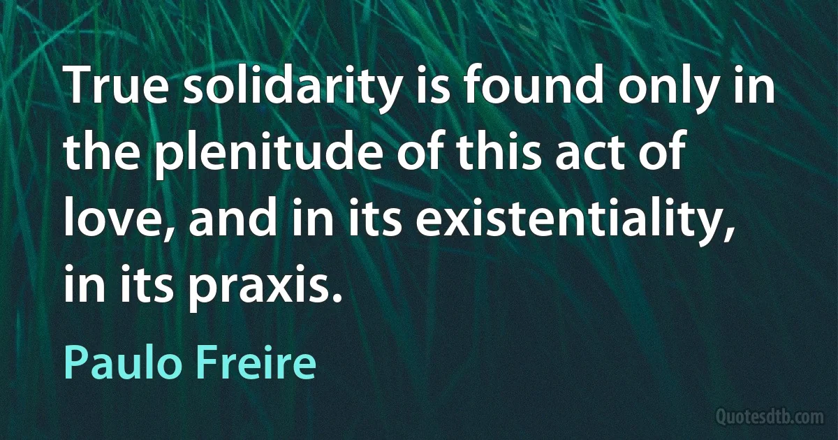 True solidarity is found only in the plenitude of this act of love, and in its existentiality, in its praxis. (Paulo Freire)