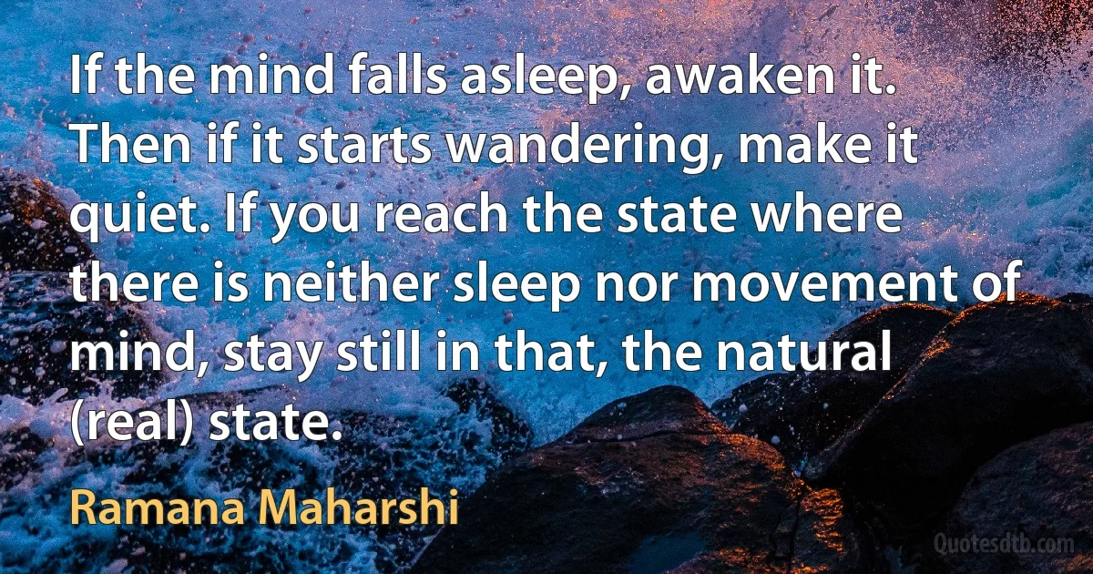 If the mind falls asleep, awaken it. Then if it starts wandering, make it quiet. If you reach the state where there is neither sleep nor movement of mind, stay still in that, the natural (real) state. (Ramana Maharshi)