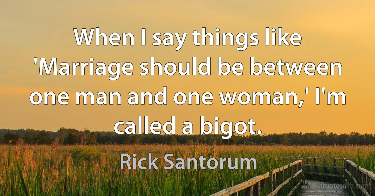 When I say things like 'Marriage should be between one man and one woman,' I'm called a bigot. (Rick Santorum)