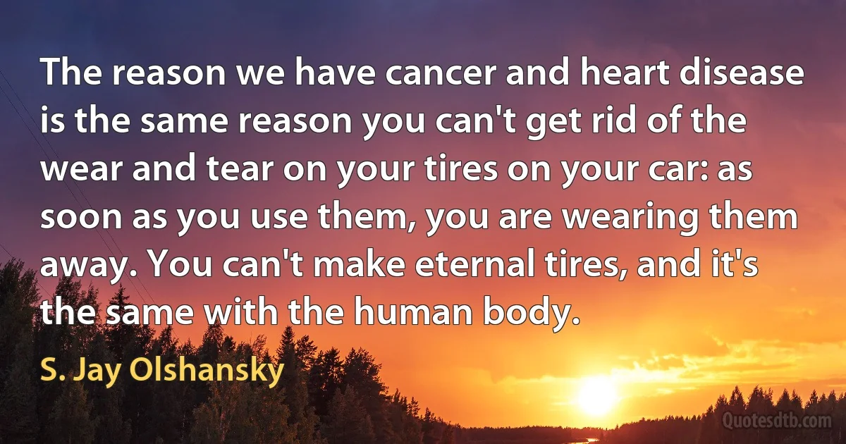 The reason we have cancer and heart disease is the same reason you can't get rid of the wear and tear on your tires on your car: as soon as you use them, you are wearing them away. You can't make eternal tires, and it's the same with the human body. (S. Jay Olshansky)