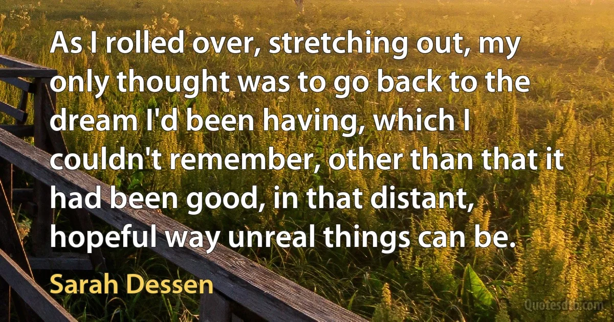 As I rolled over, stretching out, my only thought was to go back to the dream I'd been having, which I couldn't remember, other than that it had been good, in that distant, hopeful way unreal things can be. (Sarah Dessen)