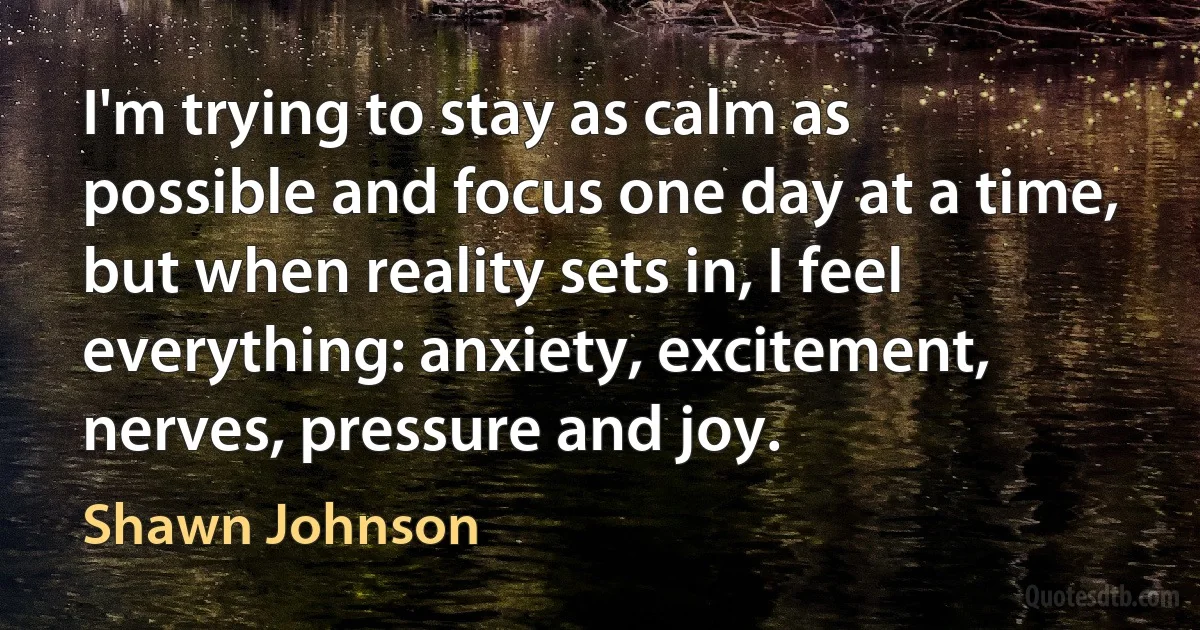 I'm trying to stay as calm as possible and focus one day at a time, but when reality sets in, I feel everything: anxiety, excitement, nerves, pressure and joy. (Shawn Johnson)