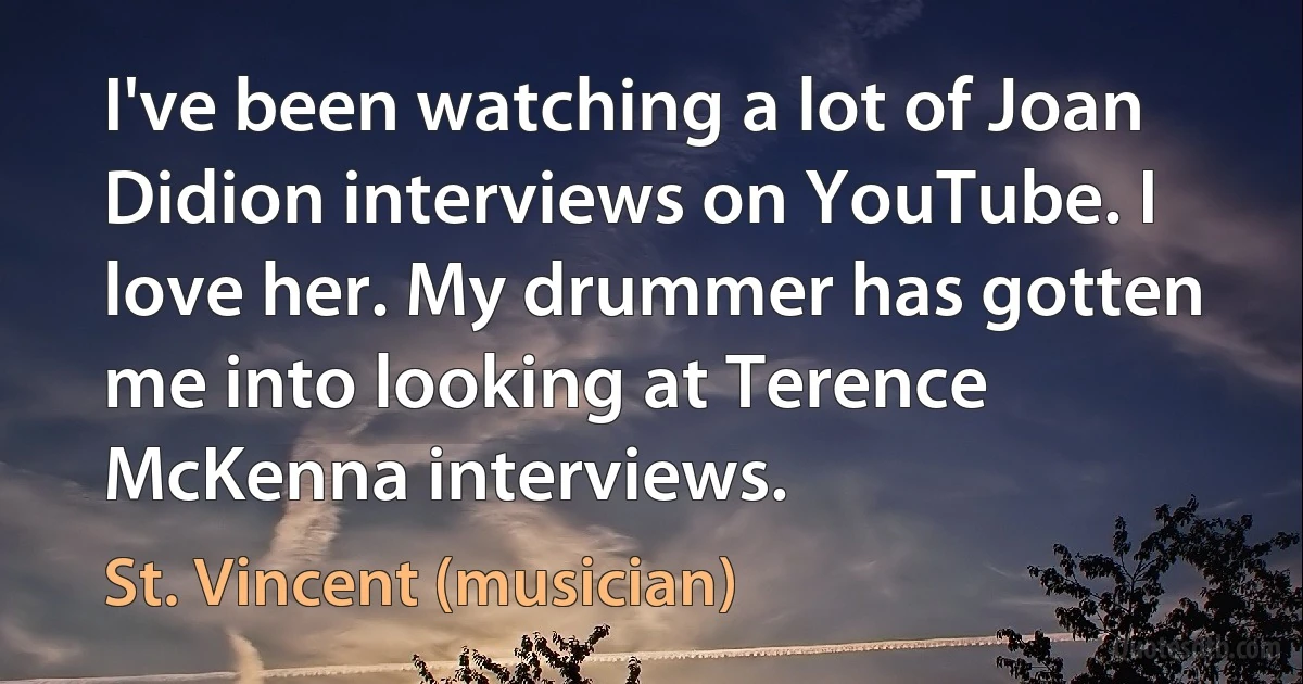 I've been watching a lot of Joan Didion interviews on YouTube. I love her. My drummer has gotten me into looking at Terence McKenna interviews. (St. Vincent (musician))