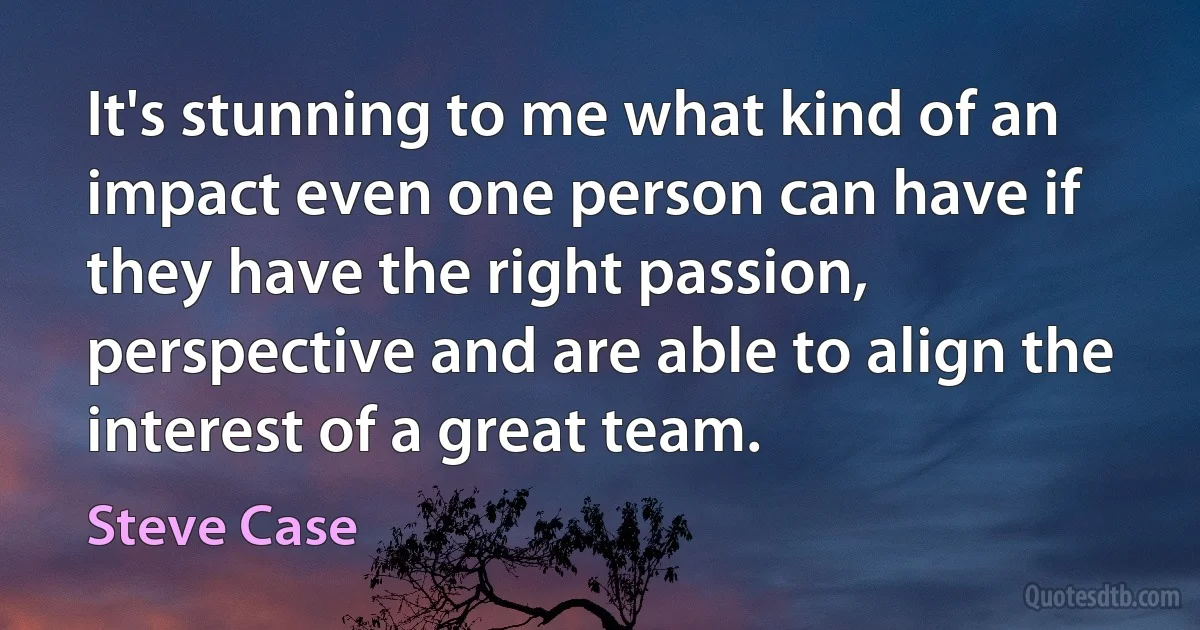 It's stunning to me what kind of an impact even one person can have if they have the right passion, perspective and are able to align the interest of a great team. (Steve Case)