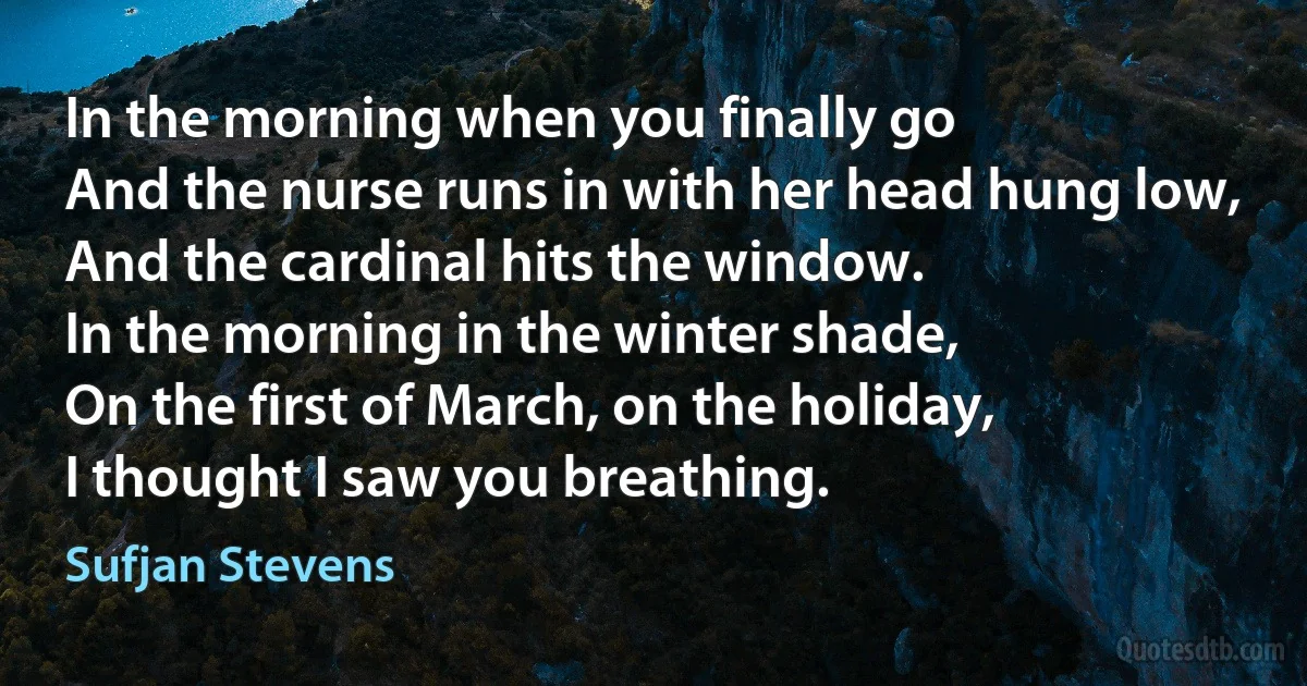 In the morning when you finally go
And the nurse runs in with her head hung low,
And the cardinal hits the window.
In the morning in the winter shade,
On the first of March, on the holiday,
I thought I saw you breathing. (Sufjan Stevens)