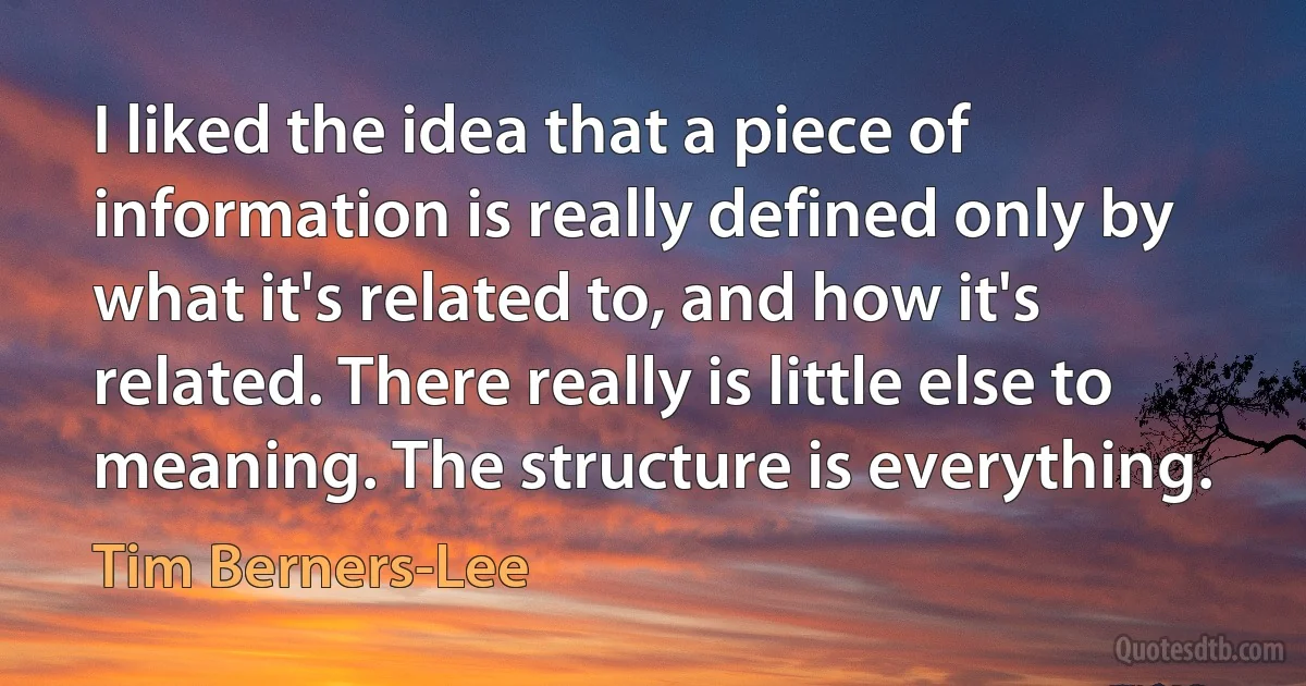 I liked the idea that a piece of information is really defined only by what it's related to, and how it's related. There really is little else to meaning. The structure is everything. (Tim Berners-Lee)