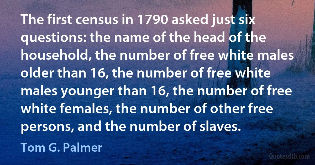 The first census in 1790 asked just six questions: the name of the head of the household, the number of free white males older than 16, the number of free white males younger than 16, the number of free white females, the number of other free persons, and the number of slaves. (Tom G. Palmer)