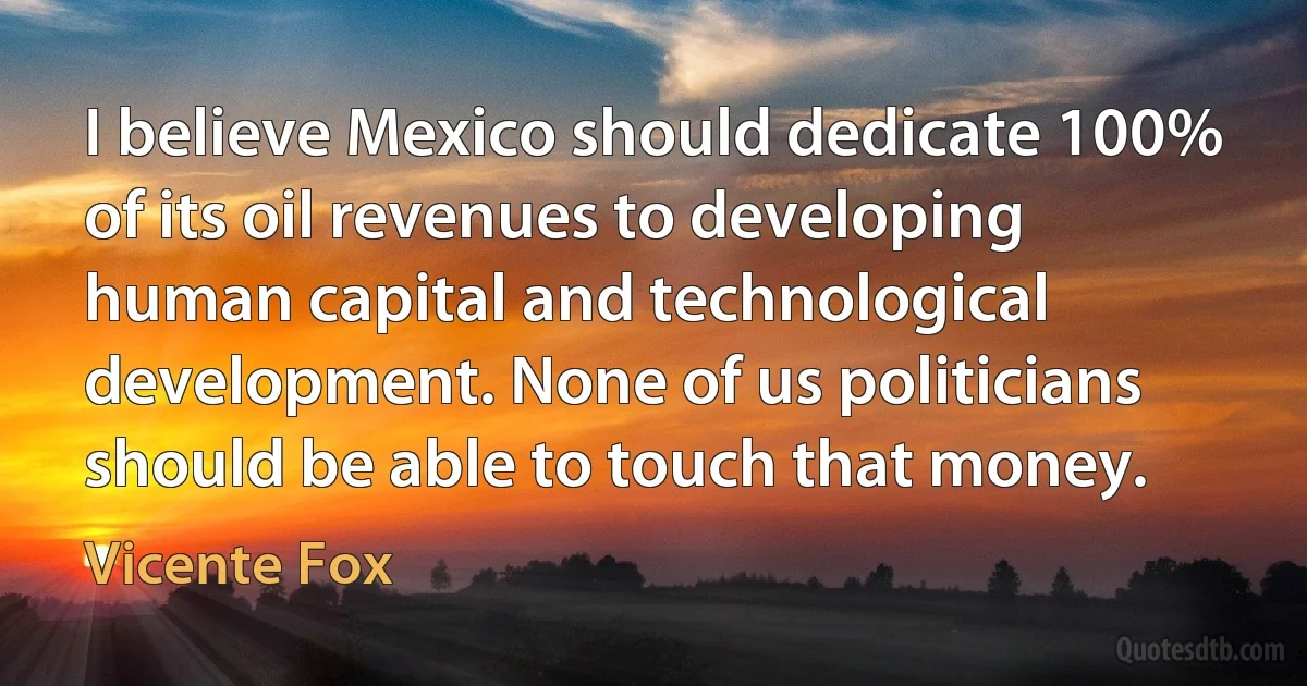 I believe Mexico should dedicate 100% of its oil revenues to developing human capital and technological development. None of us politicians should be able to touch that money. (Vicente Fox)