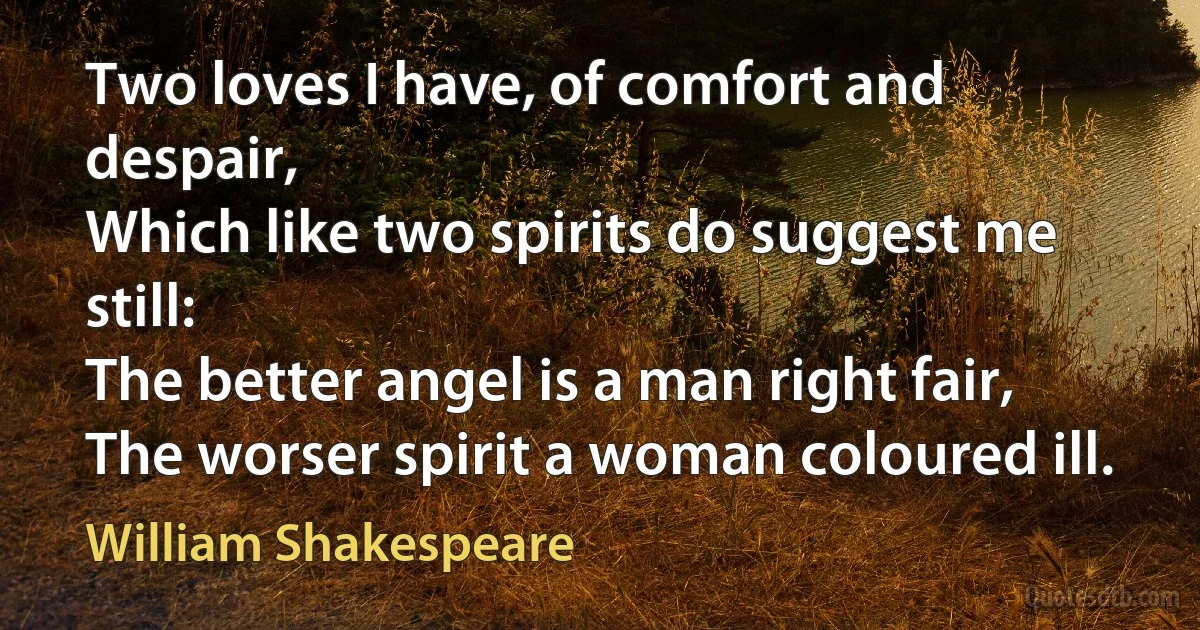 Two loves I have, of comfort and despair,
Which like two spirits do suggest me still:
The better angel is a man right fair,
The worser spirit a woman coloured ill. (William Shakespeare)