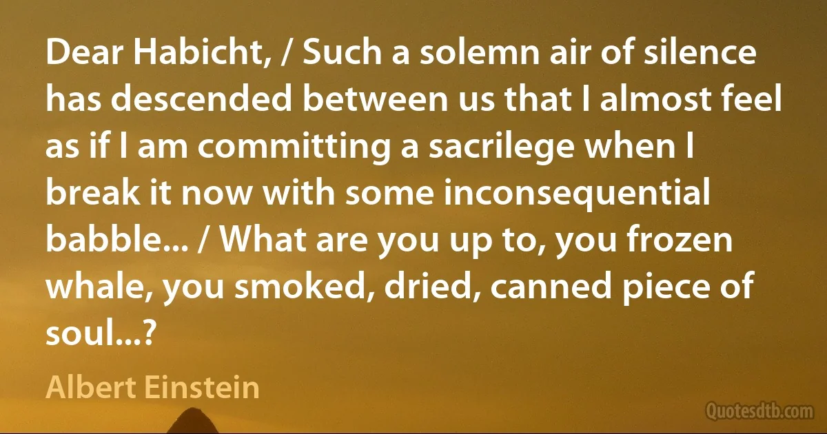 Dear Habicht, / Such a solemn air of silence has descended between us that I almost feel as if I am committing a sacrilege when I break it now with some inconsequential babble... / What are you up to, you frozen whale, you smoked, dried, canned piece of soul...? (Albert Einstein)