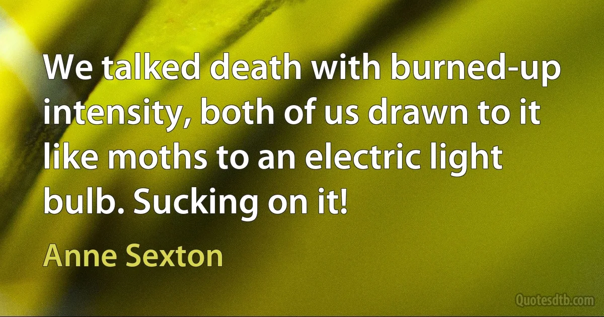 We talked death with burned-up intensity, both of us drawn to it like moths to an electric light bulb. Sucking on it! (Anne Sexton)