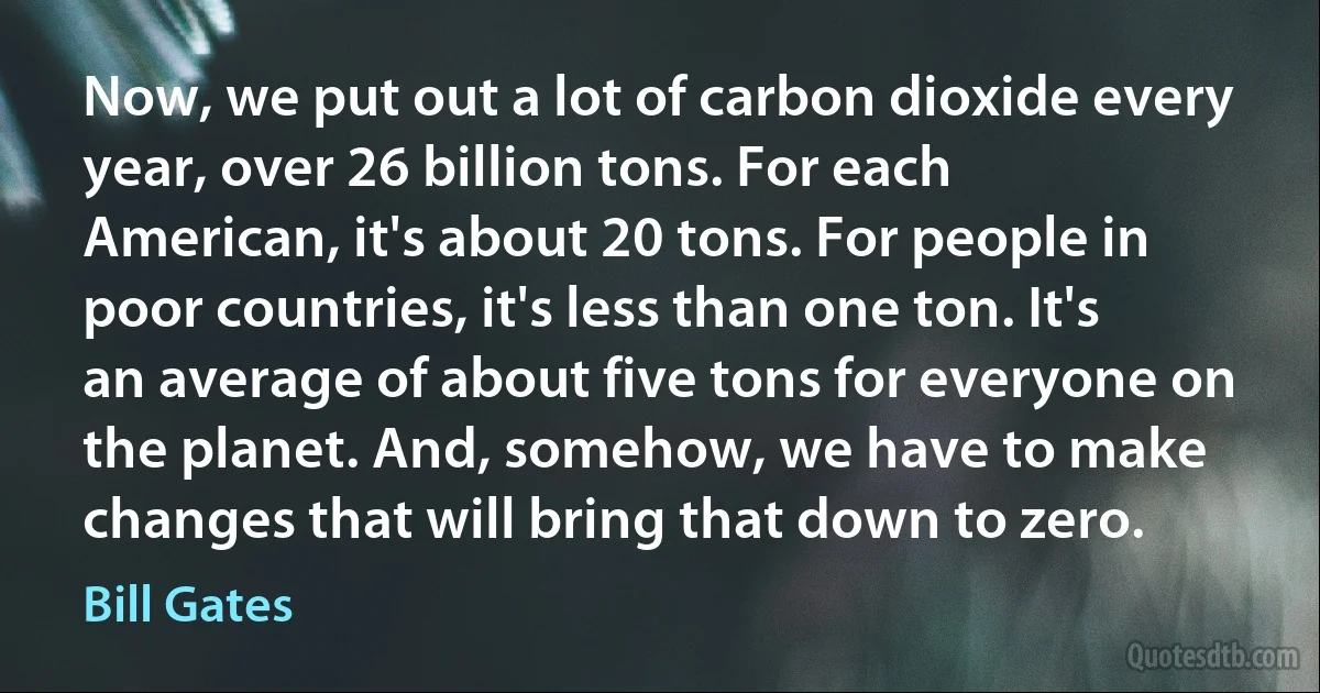 Now, we put out a lot of carbon dioxide every year, over 26 billion tons. For each American, it's about 20 tons. For people in poor countries, it's less than one ton. It's an average of about five tons for everyone on the planet. And, somehow, we have to make changes that will bring that down to zero. (Bill Gates)