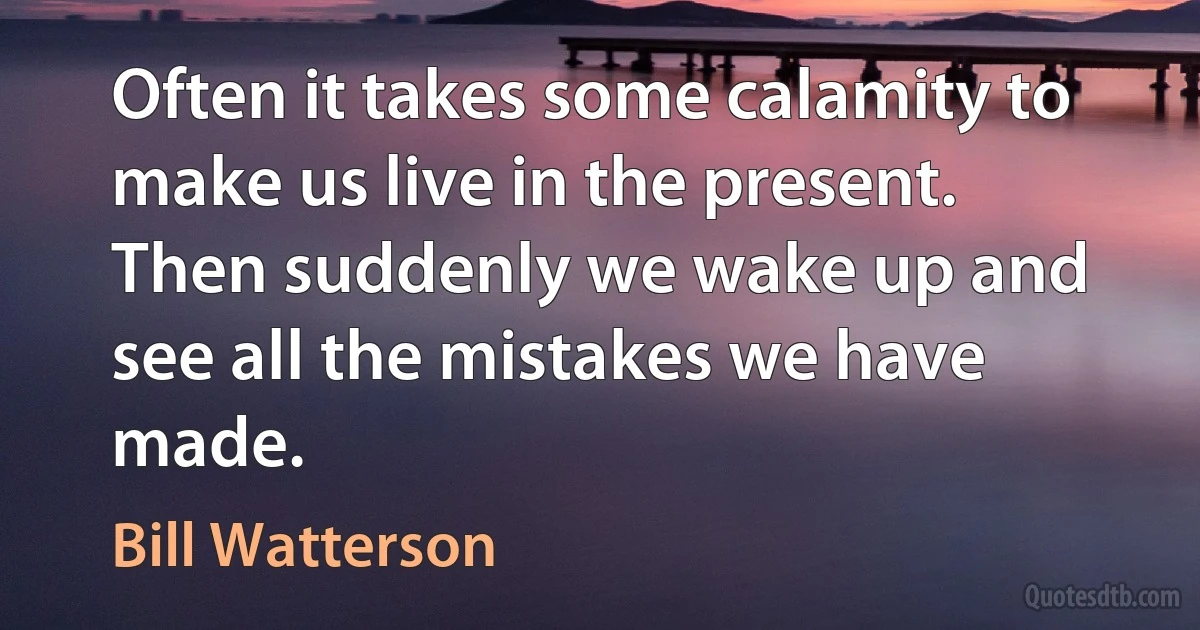 Often it takes some calamity to make us live in the present. Then suddenly we wake up and see all the mistakes we have made. (Bill Watterson)