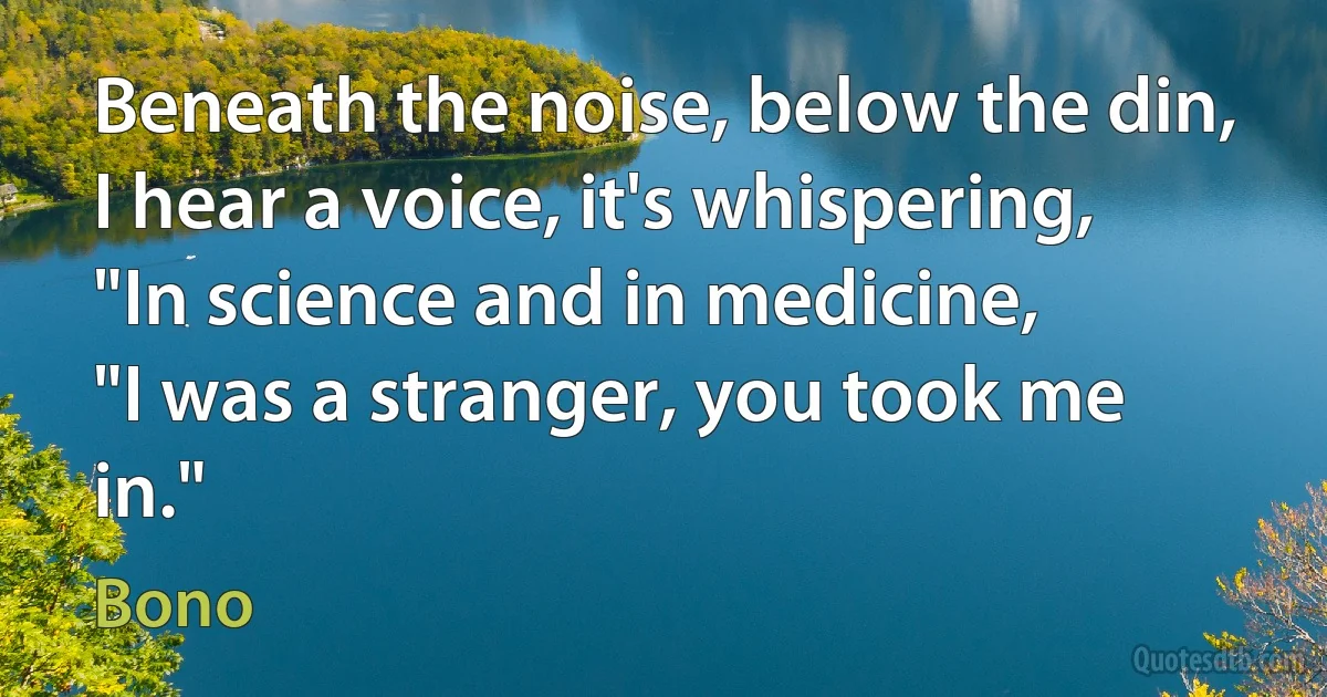 Beneath the noise, below the din,
I hear a voice, it's whispering,
"In science and in medicine,
"I was a stranger, you took me in." (Bono)