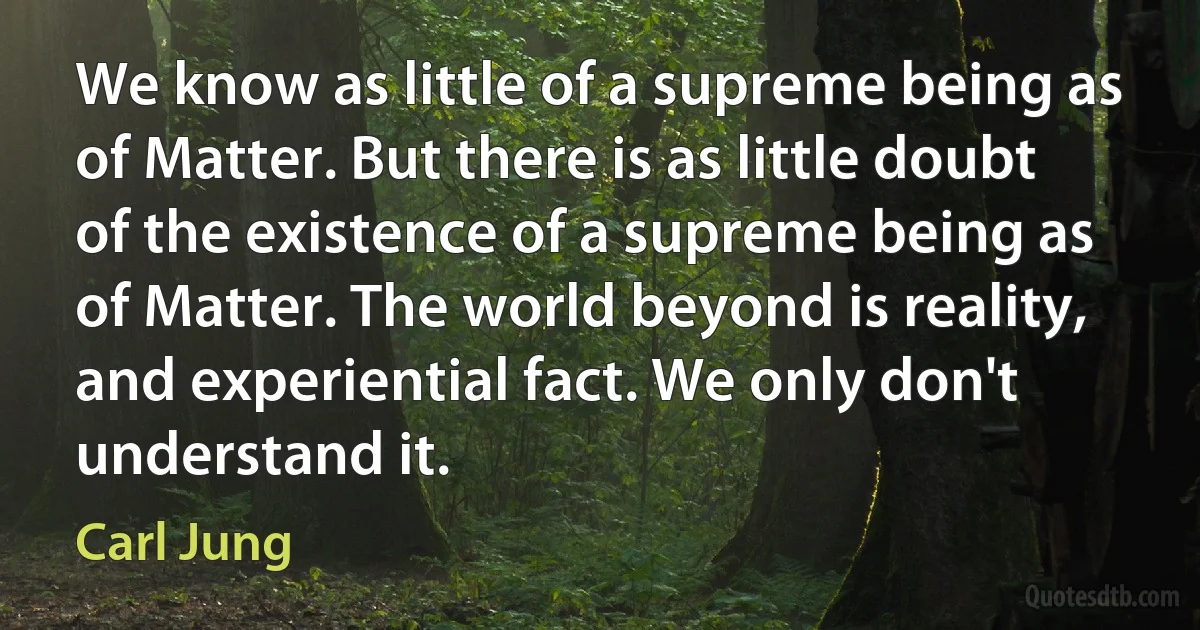 We know as little of a supreme being as of Matter. But there is as little doubt of the existence of a supreme being as of Matter. The world beyond is reality, and experiential fact. We only don't understand it. (Carl Jung)