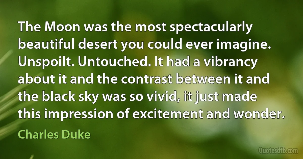 The Moon was the most spectacularly beautiful desert you could ever imagine. Unspoilt. Untouched. It had a vibrancy about it and the contrast between it and the black sky was so vivid, it just made this impression of excitement and wonder. (Charles Duke)