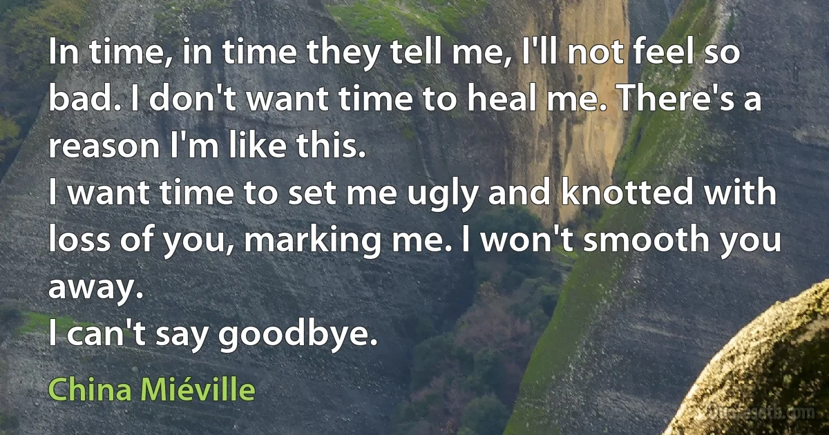 In time, in time they tell me, I'll not feel so bad. I don't want time to heal me. There's a reason I'm like this.
I want time to set me ugly and knotted with loss of you, marking me. I won't smooth you away.
I can't say goodbye. (China Miéville)