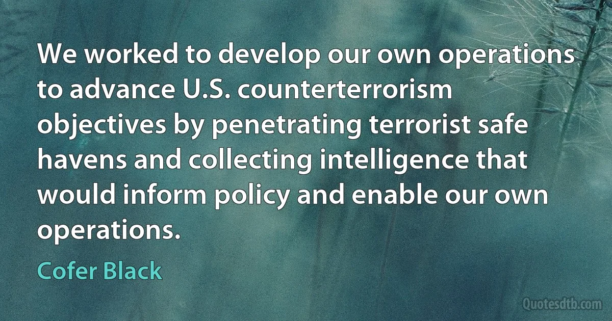 We worked to develop our own operations to advance U.S. counterterrorism objectives by penetrating terrorist safe havens and collecting intelligence that would inform policy and enable our own operations. (Cofer Black)