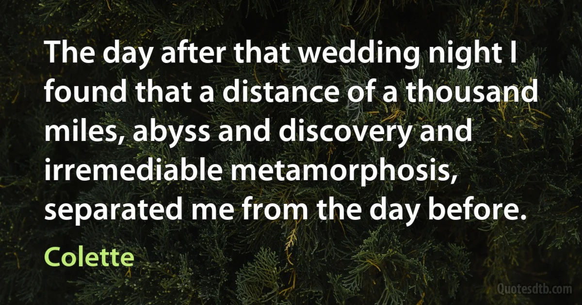 The day after that wedding night I found that a distance of a thousand miles, abyss and discovery and irremediable metamorphosis, separated me from the day before. (Colette)