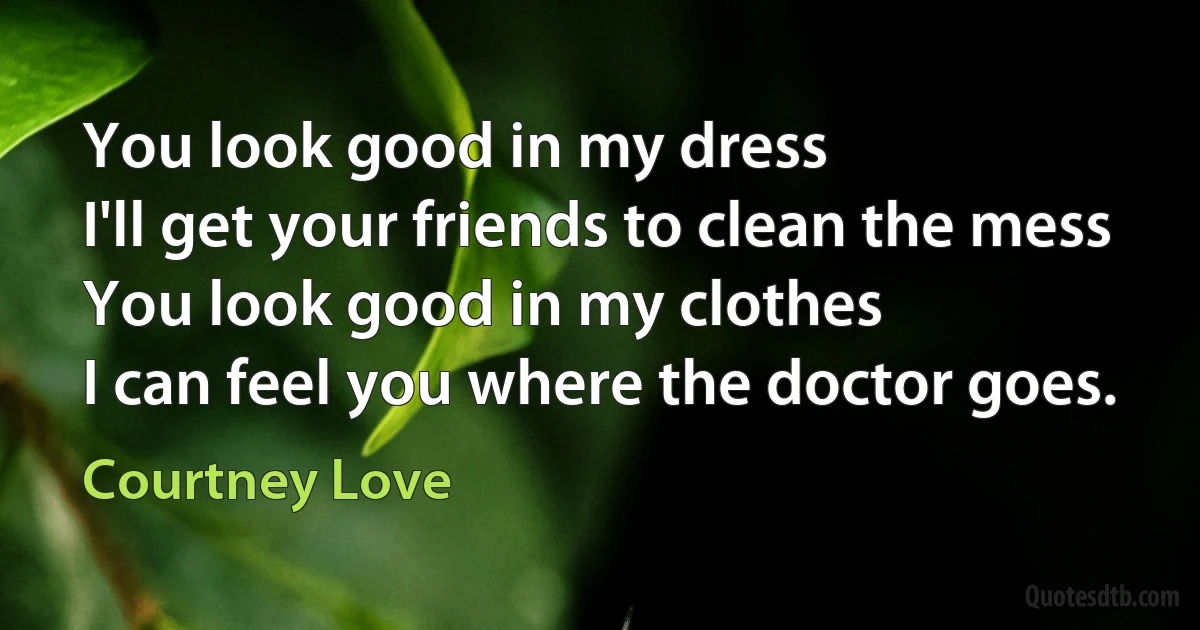 You look good in my dress
I'll get your friends to clean the mess
You look good in my clothes
I can feel you where the doctor goes. (Courtney Love)