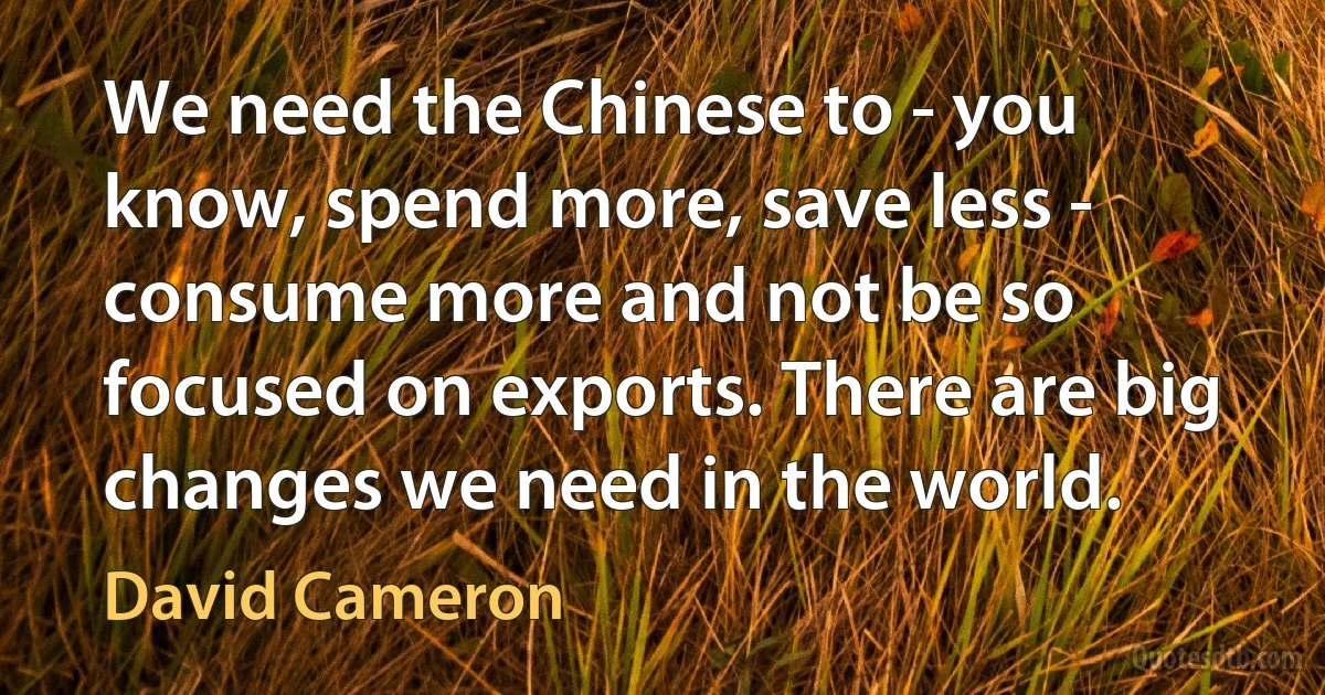 We need the Chinese to - you know, spend more, save less - consume more and not be so focused on exports. There are big changes we need in the world. (David Cameron)