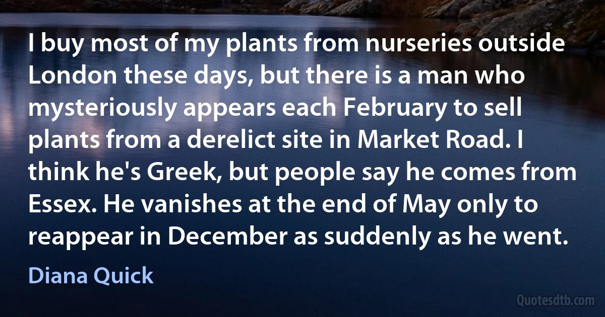 I buy most of my plants from nurseries outside London these days, but there is a man who mysteriously appears each February to sell plants from a derelict site in Market Road. I think he's Greek, but people say he comes from Essex. He vanishes at the end of May only to reappear in December as suddenly as he went. (Diana Quick)