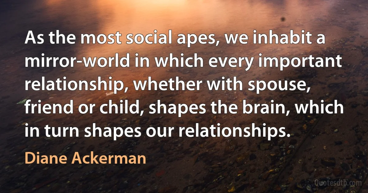 As the most social apes, we inhabit a mirror-world in which every important relationship, whether with spouse, friend or child, shapes the brain, which in turn shapes our relationships. (Diane Ackerman)