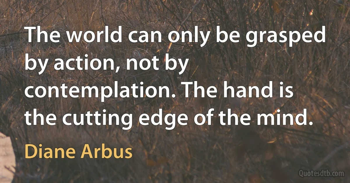 The world can only be grasped by action, not by contemplation. The hand is the cutting edge of the mind. (Diane Arbus)