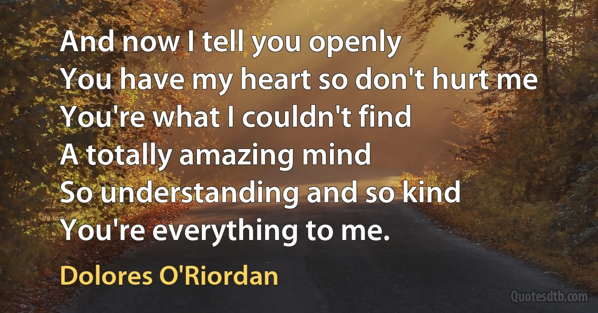 And now I tell you openly
You have my heart so don't hurt me
You're what I couldn't find
A totally amazing mind
So understanding and so kind
You're everything to me. (Dolores O'Riordan)