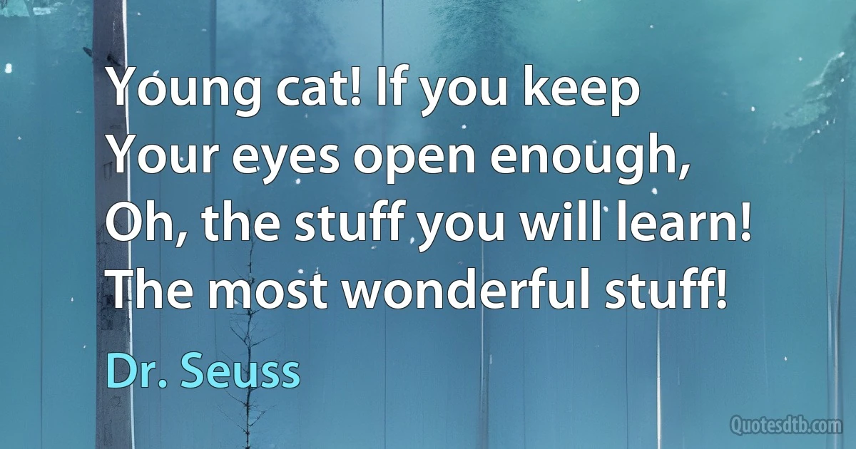 Young cat! If you keep
Your eyes open enough,
Oh, the stuff you will learn!
The most wonderful stuff! (Dr. Seuss)