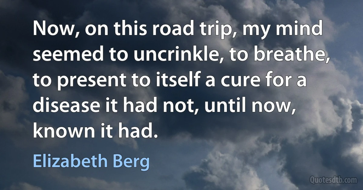 Now, on this road trip, my mind seemed to uncrinkle, to breathe, to present to itself a cure for a disease it had not, until now, known it had. (Elizabeth Berg)