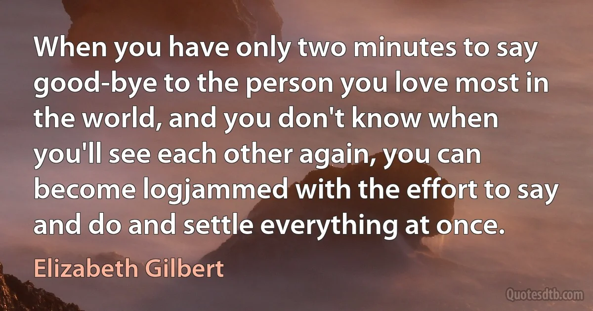 When you have only two minutes to say good-bye to the person you love most in the world, and you don't know when you'll see each other again, you can become logjammed with the effort to say and do and settle everything at once. (Elizabeth Gilbert)