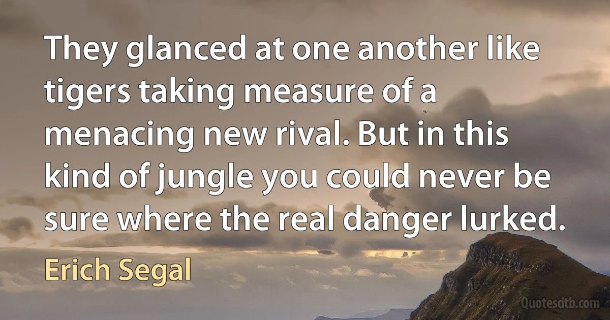 They glanced at one another like tigers taking measure of a menacing new rival. But in this kind of jungle you could never be sure where the real danger lurked. (Erich Segal)