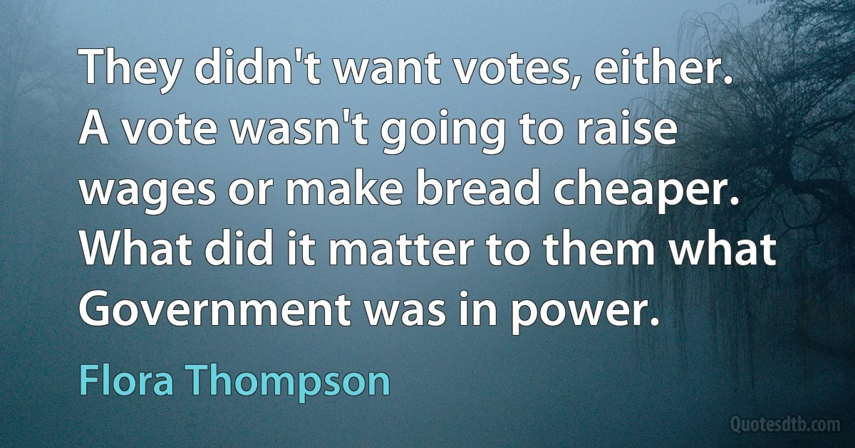 They didn't want votes, either. A vote wasn't going to raise wages or make bread cheaper. What did it matter to them what Government was in power. (Flora Thompson)