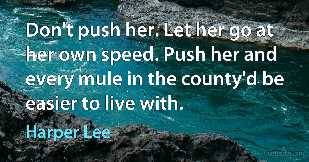 Don't push her. Let her go at her own speed. Push her and every mule in the county'd be easier to live with. (Harper Lee)