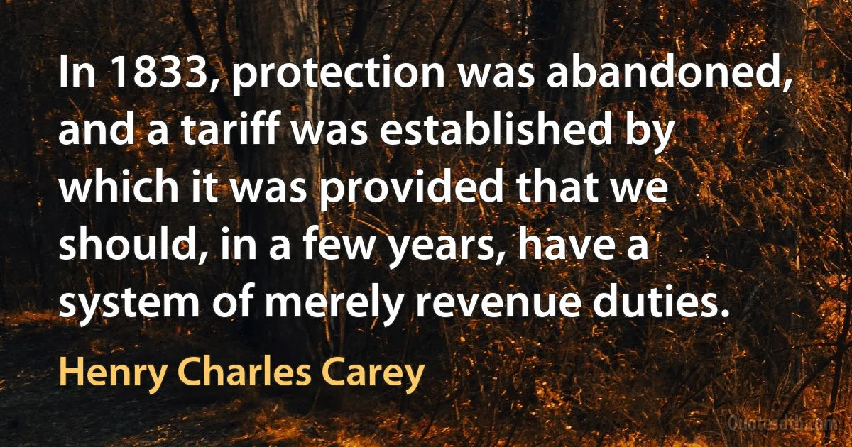 In 1833, protection was abandoned, and a tariff was established by which it was provided that we should, in a few years, have a system of merely revenue duties. (Henry Charles Carey)