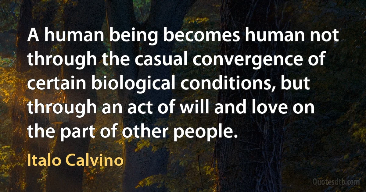 A human being becomes human not through the casual convergence of certain biological conditions, but through an act of will and love on the part of other people. (Italo Calvino)