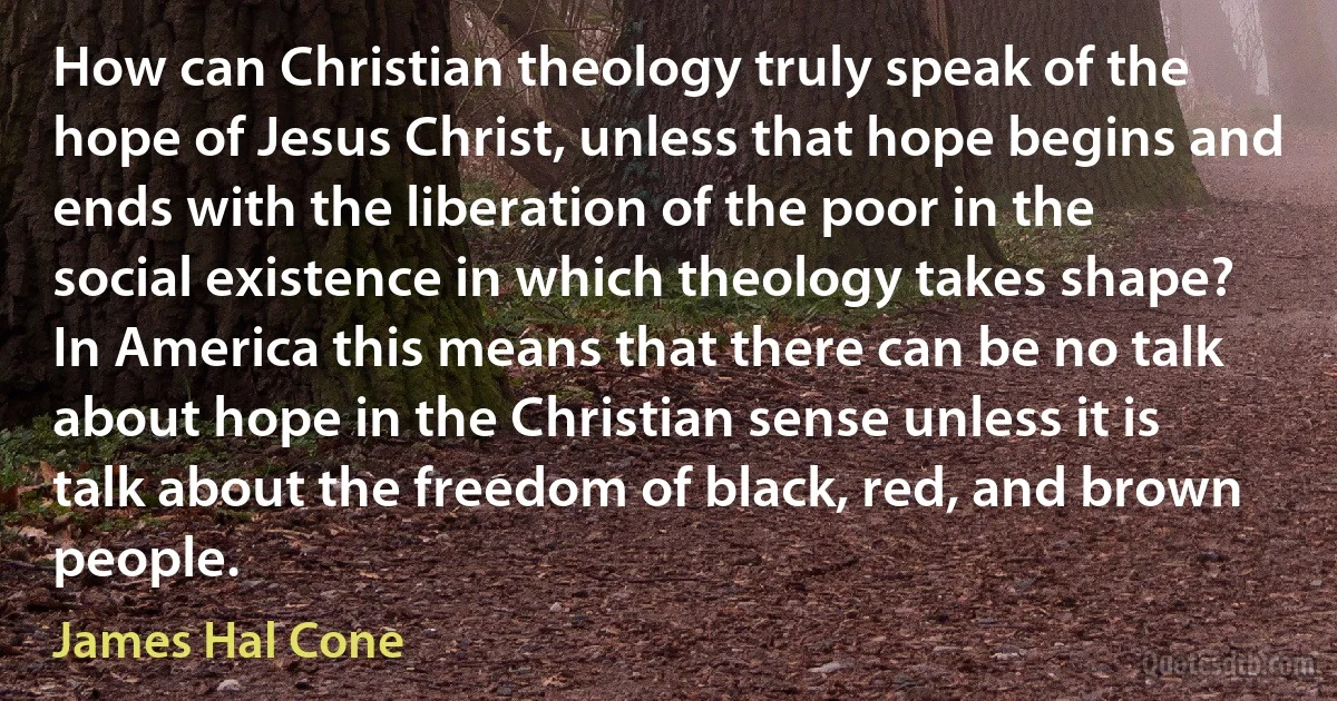 How can Christian theology truly speak of the hope of Jesus Christ, unless that hope begins and ends with the liberation of the poor in the social existence in which theology takes shape? In America this means that there can be no talk about hope in the Christian sense unless it is talk about the freedom of black, red, and brown people. (James Hal Cone)