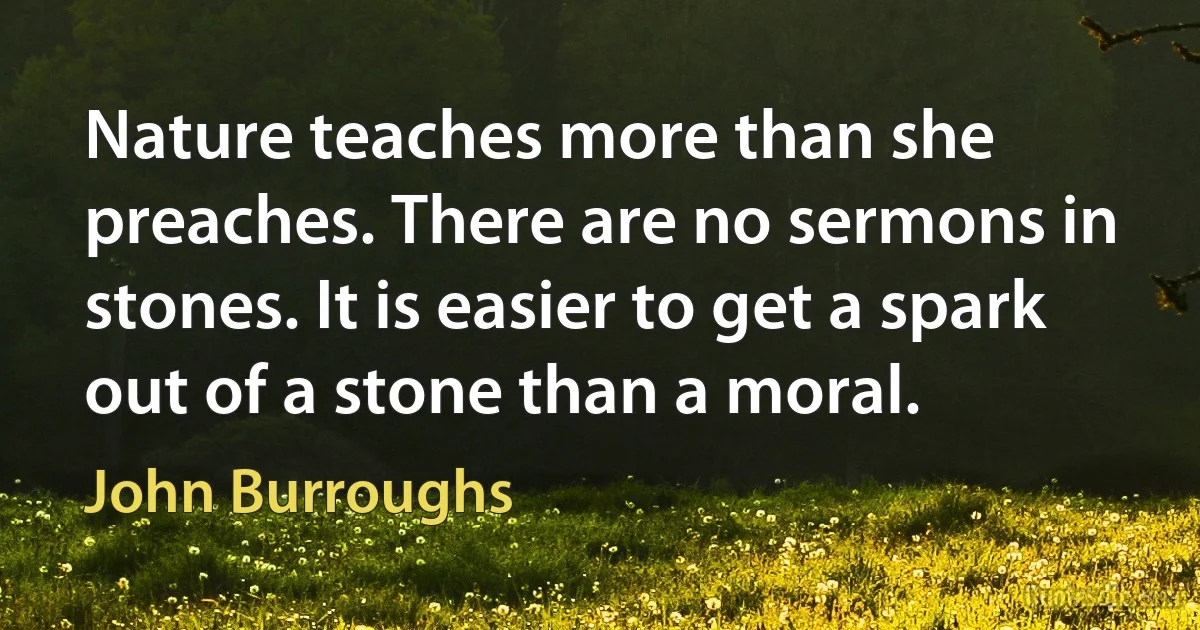 Nature teaches more than she preaches. There are no sermons in stones. It is easier to get a spark out of a stone than a moral. (John Burroughs)