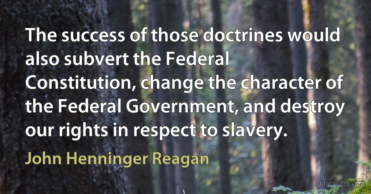 The success of those doctrines would also subvert the Federal Constitution, change the character of the Federal Government, and destroy our rights in respect to slavery. (John Henninger Reagan)