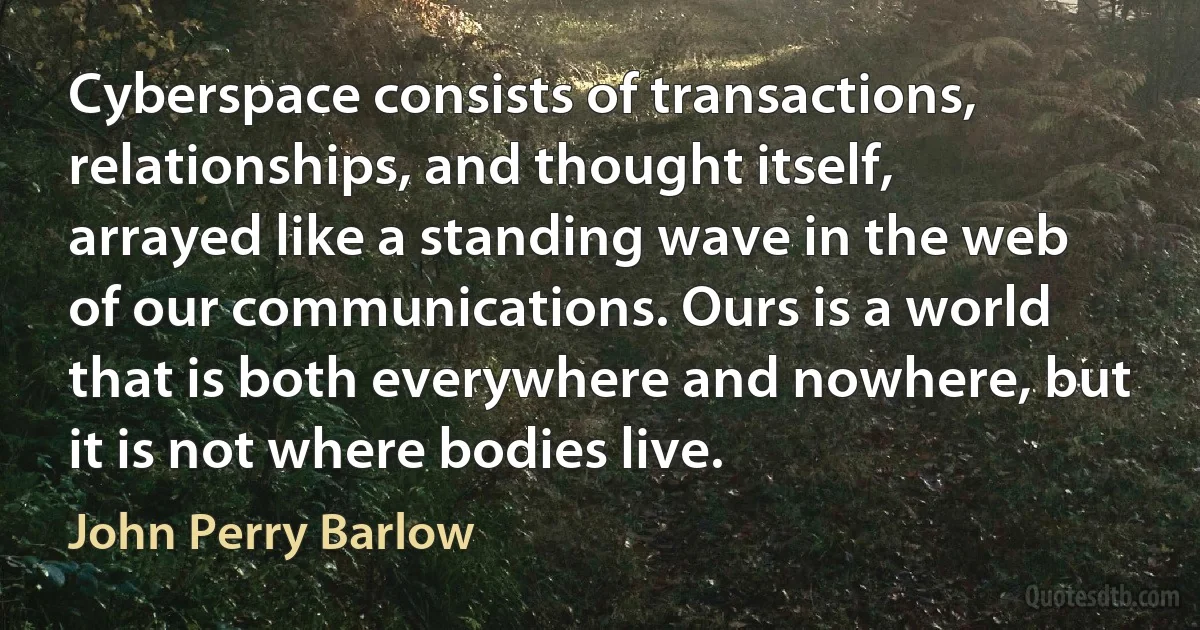 Cyberspace consists of transactions, relationships, and thought itself, arrayed like a standing wave in the web of our communications. Ours is a world that is both everywhere and nowhere, but it is not where bodies live. (John Perry Barlow)