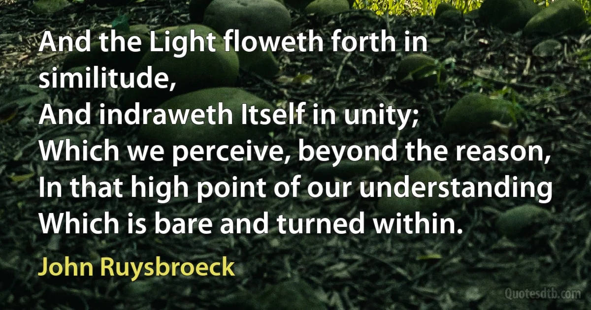 And the Light floweth forth in similitude,
And indraweth Itself in unity;
Which we perceive, beyond the reason,
In that high point of our understanding
Which is bare and turned within. (John Ruysbroeck)