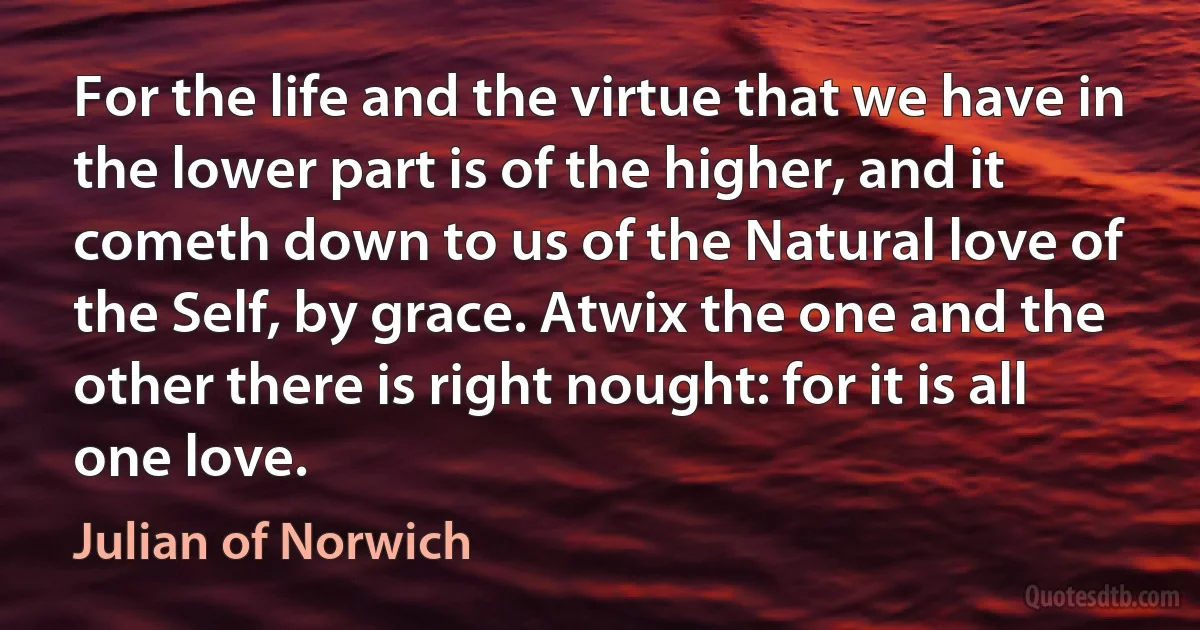 For the life and the virtue that we have in the lower part is of the higher, and it cometh down to us of the Natural love of the Self, by grace. Atwix the one and the other there is right nought: for it is all one love. (Julian of Norwich)