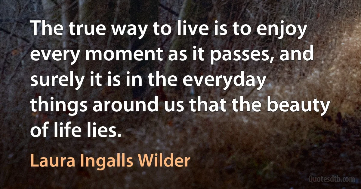 The true way to live is to enjoy every moment as it passes, and surely it is in the everyday things around us that the beauty of life lies. (Laura Ingalls Wilder)