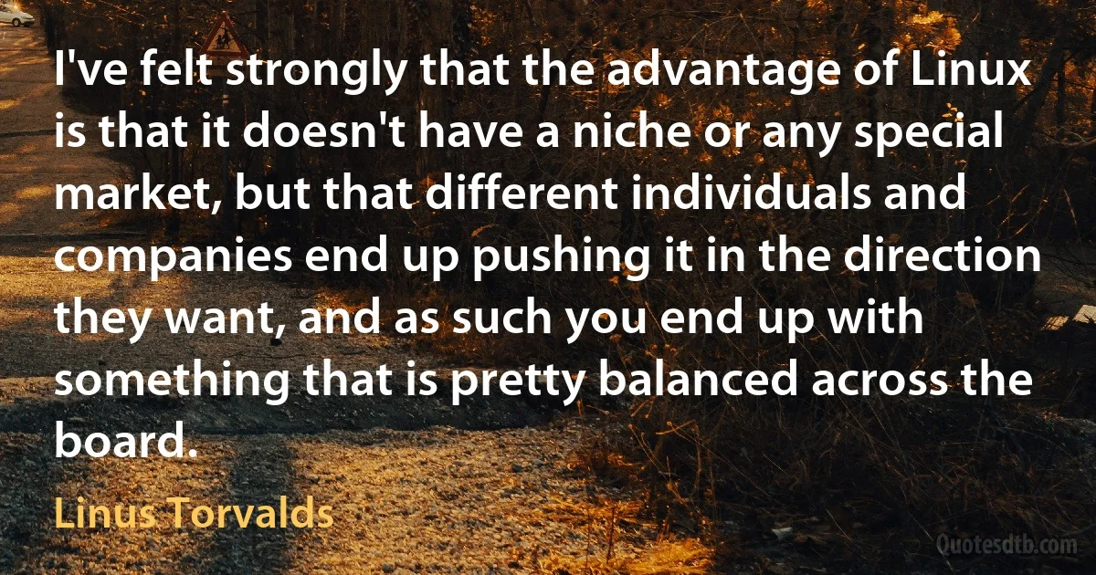 I've felt strongly that the advantage of Linux is that it doesn't have a niche or any special market, but that different individuals and companies end up pushing it in the direction they want, and as such you end up with something that is pretty balanced across the board. (Linus Torvalds)