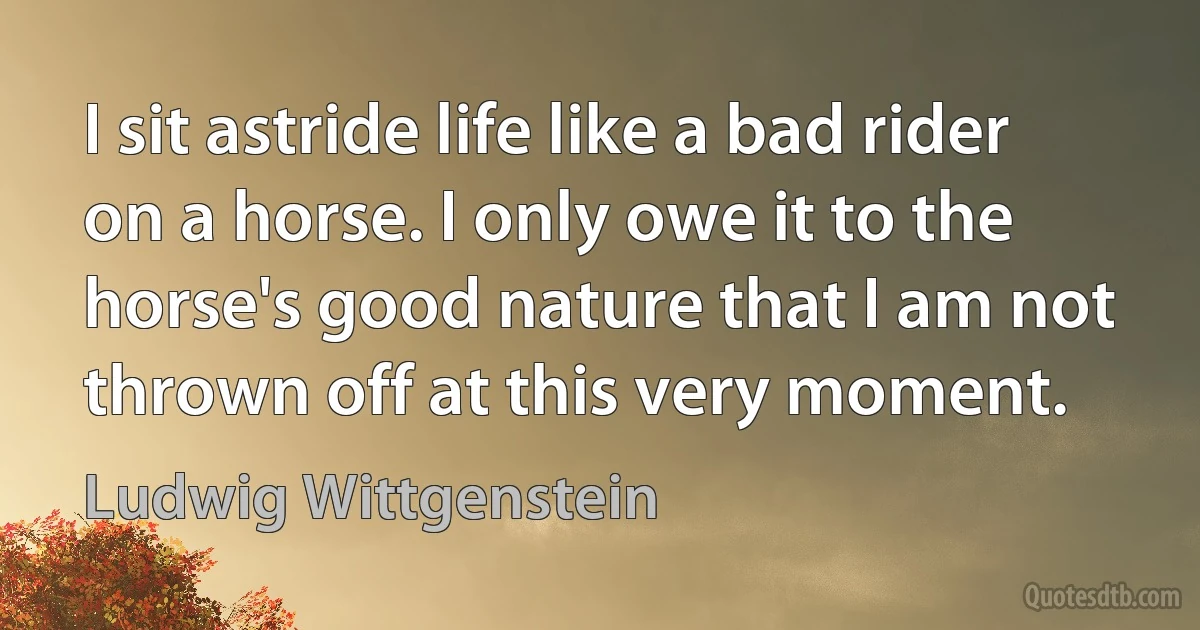 I sit astride life like a bad rider on a horse. I only owe it to the horse's good nature that I am not thrown off at this very moment. (Ludwig Wittgenstein)