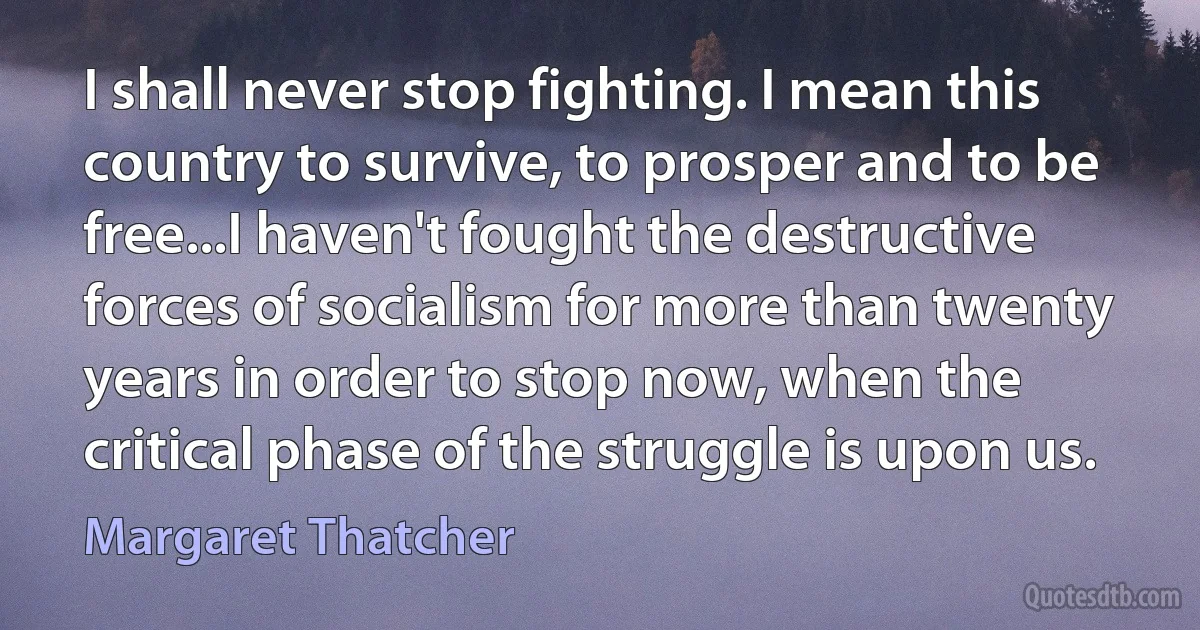 I shall never stop fighting. I mean this country to survive, to prosper and to be free...I haven't fought the destructive forces of socialism for more than twenty years in order to stop now, when the critical phase of the struggle is upon us. (Margaret Thatcher)