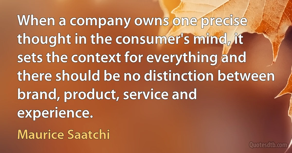 When a company owns one precise thought in the consumer's mind, it sets the context for everything and there should be no distinction between brand, product, service and experience. (Maurice Saatchi)