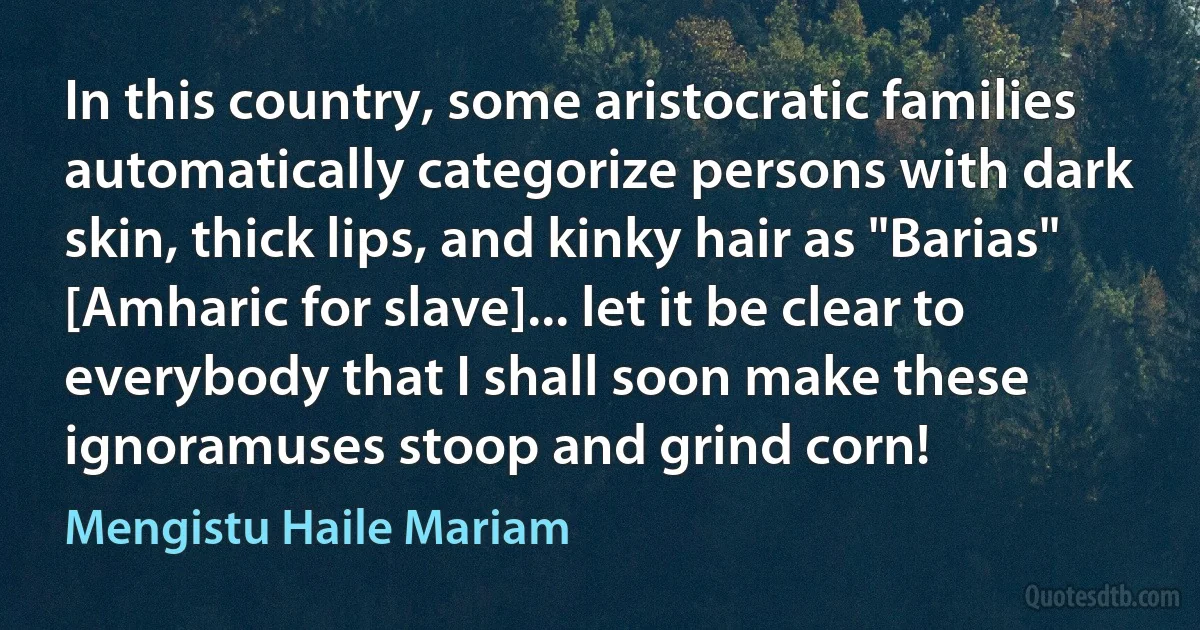 In this country, some aristocratic families automatically categorize persons with dark skin, thick lips, and kinky hair as "Barias" [Amharic for slave]... let it be clear to everybody that I shall soon make these ignoramuses stoop and grind corn! (Mengistu Haile Mariam)