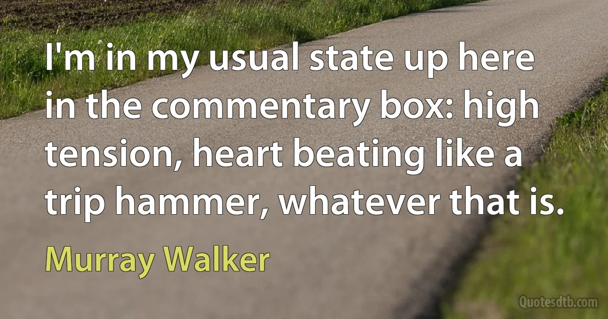 I'm in my usual state up here in the commentary box: high tension, heart beating like a trip hammer, whatever that is. (Murray Walker)